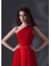 One Shoulder Red Chiffon Corset Back Minimalist Evening Dress